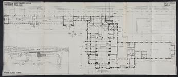 881139 Plattegrond en situatie van het nieuwe voorgebouw van het N.S.-station Naarden-Bussum te Bussum.